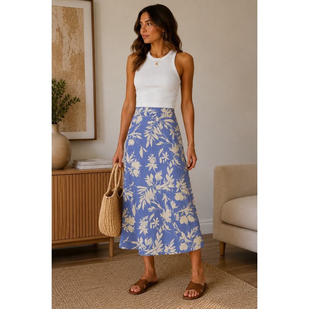 Pact Organic Cotton Floral Midi Skirt Blue Cream Tropical Pockets Size M - Picture 2 of 11